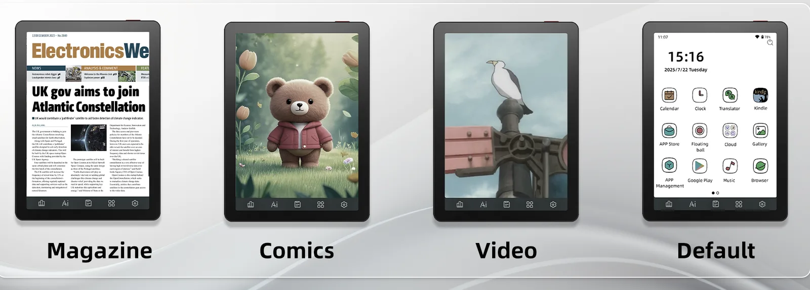 Empat mode layar Bigme B6 Color: Magazine, Comics, Video, dan Default
