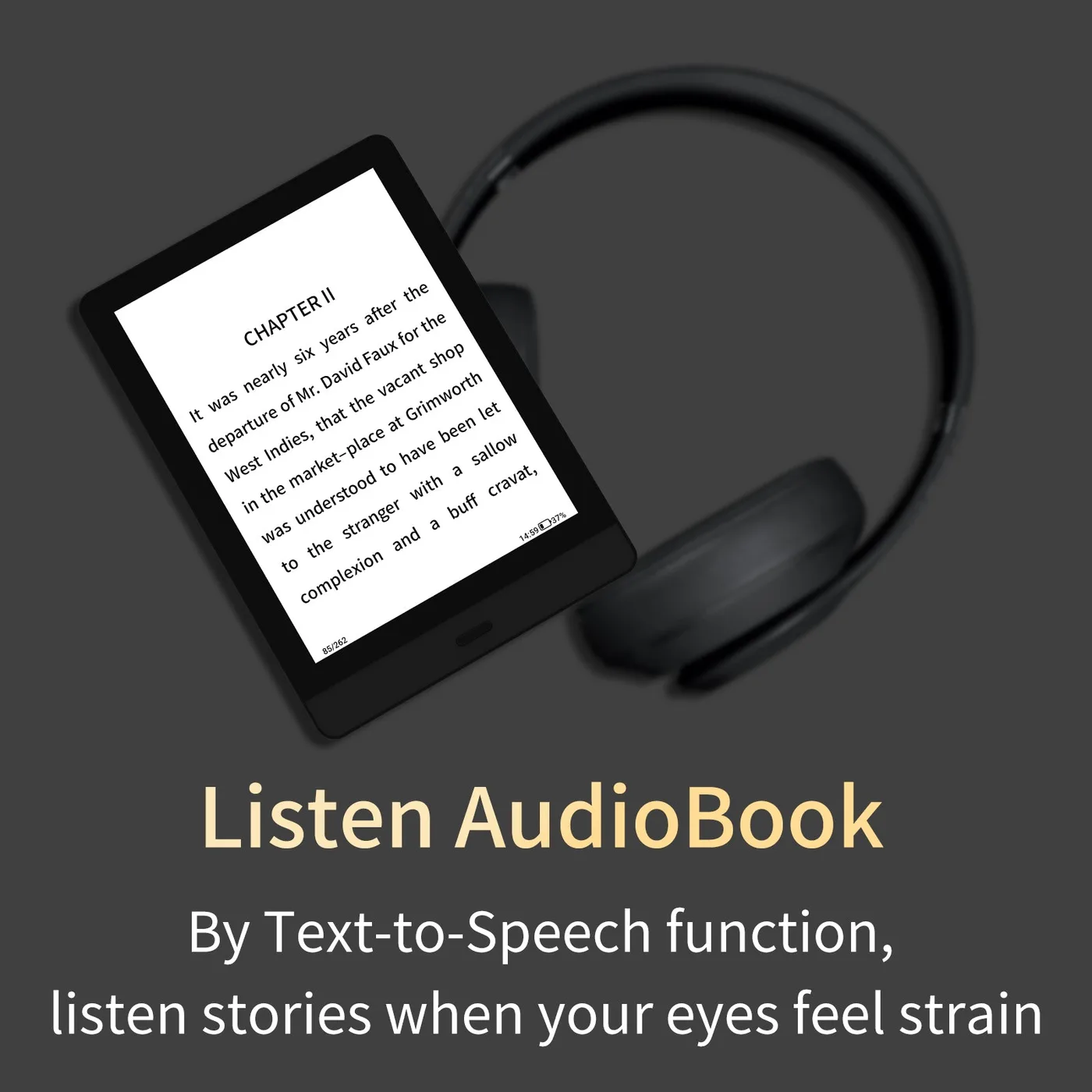 Infografis Bigme Read dengan headphone untuk fitur audiobook text-to-speech