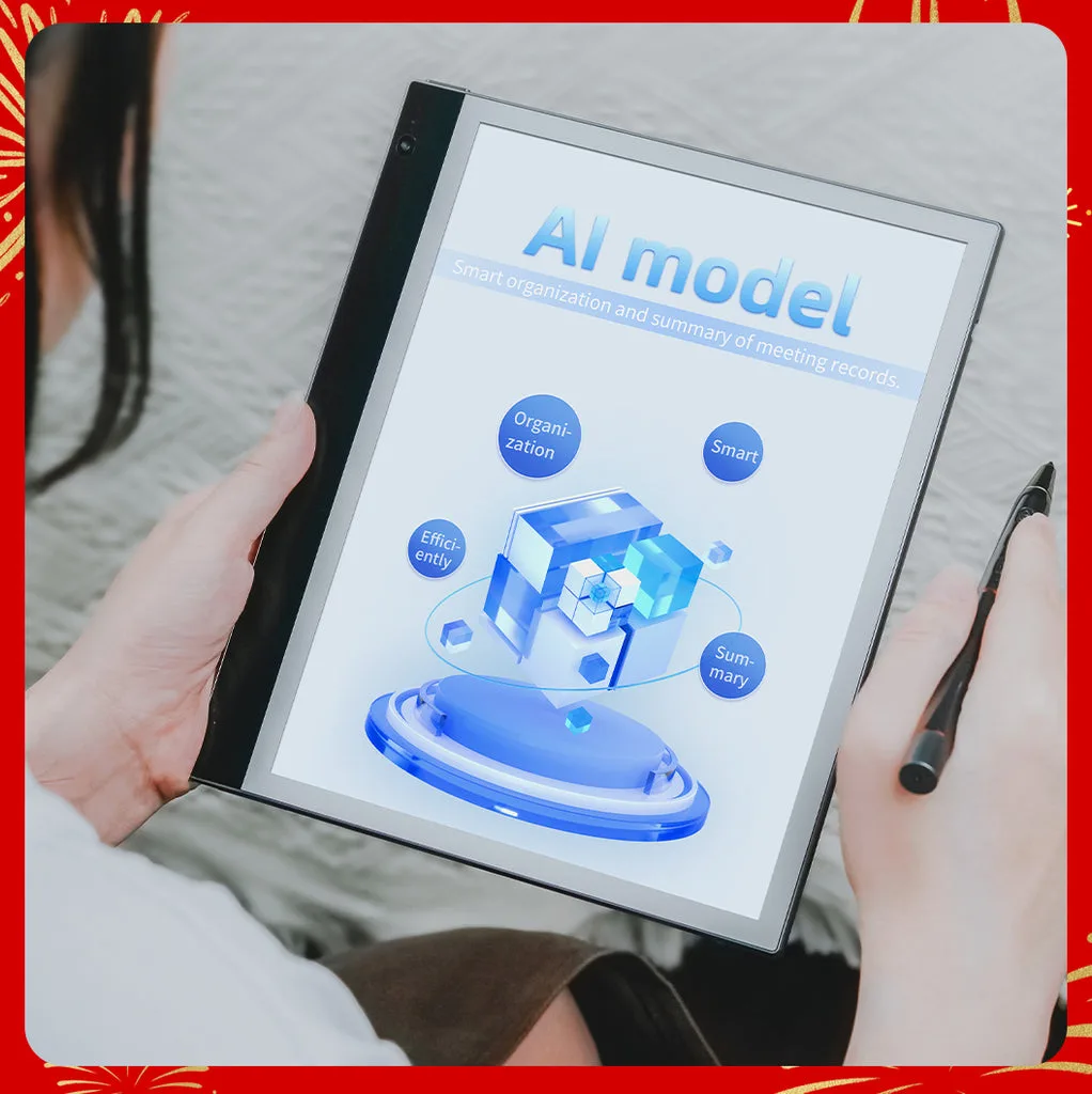 Tablet Bigme dengan layar bertuliskan AI model di tangan