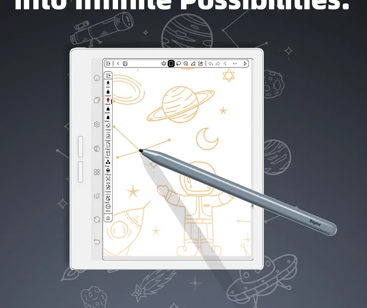 Tangan menulis di layar Bigme B751C S dengan stylus