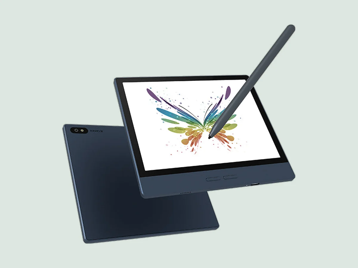 Bigme B7 biru dengan stylus, tampak depan dan belakang