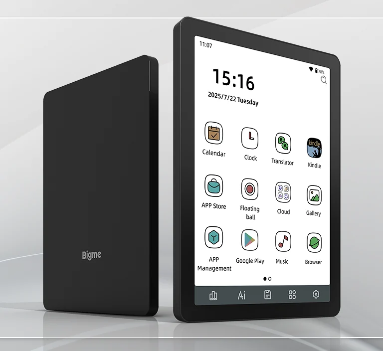 Bigme B6 Color hitam dengan layar utama berisi ikon Google Play dan Kindle